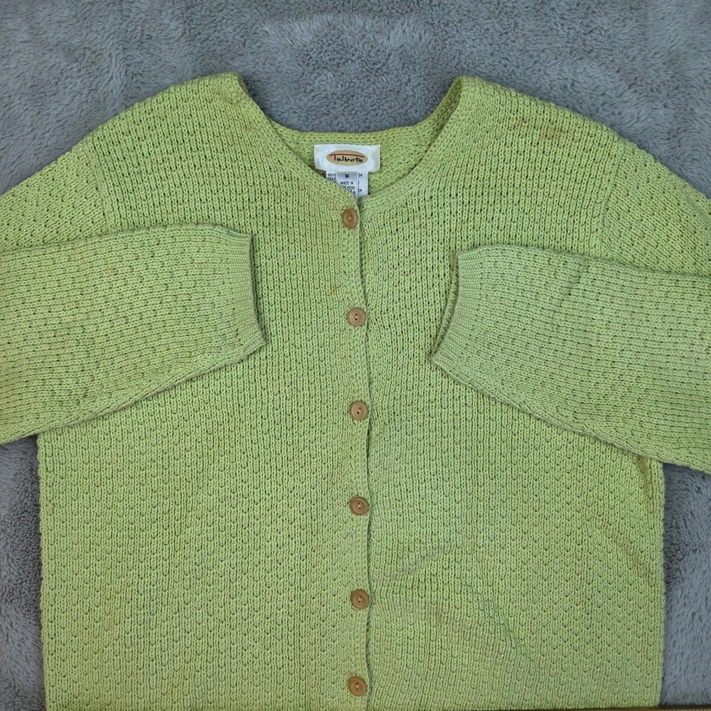 Talbots Cardigan Sweater Womens M Shaker Knit Button Front Cotton Lime Green